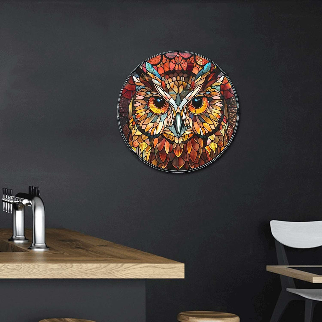 Lygond Metal Sign Tin Sign Circular Stained Glass Owl Metal Garden Signs for Garden 12×12 Inches