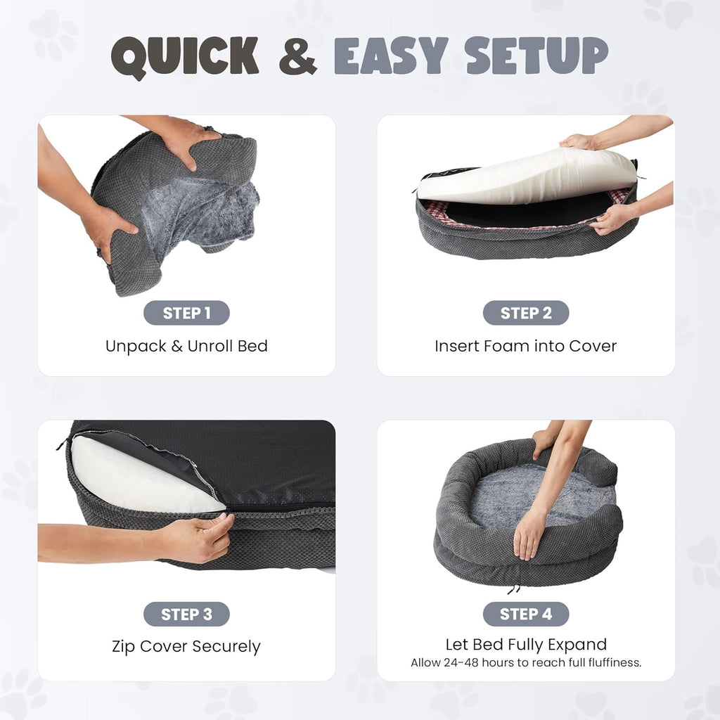 XL Orthopedic Dog Bed, 52"x40" Extra-Thick 4.7" Egg Crate Foam Couch for Extra Large Dogs, Washable Bolster Sofa Bed, Calming Plush Cover, Round Support Pad, Giant Dog Bed with Removable Cover