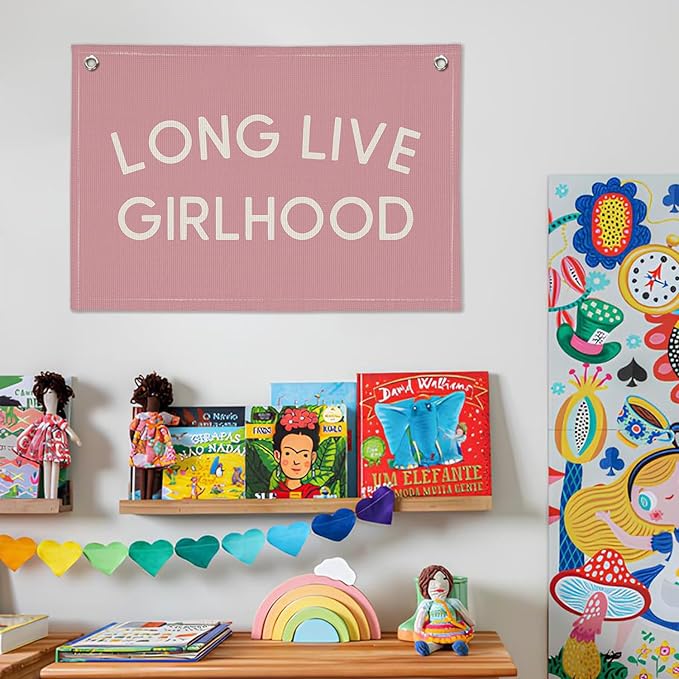 Long Live Girlhood Pink Linen Canvas Wall Banner, Girls Nursery Decor, Toddler Room Wall Hanging, Inspirational Canvas Art, Playroom Sign, Baby Girl Gift Idea 20x30 Inch