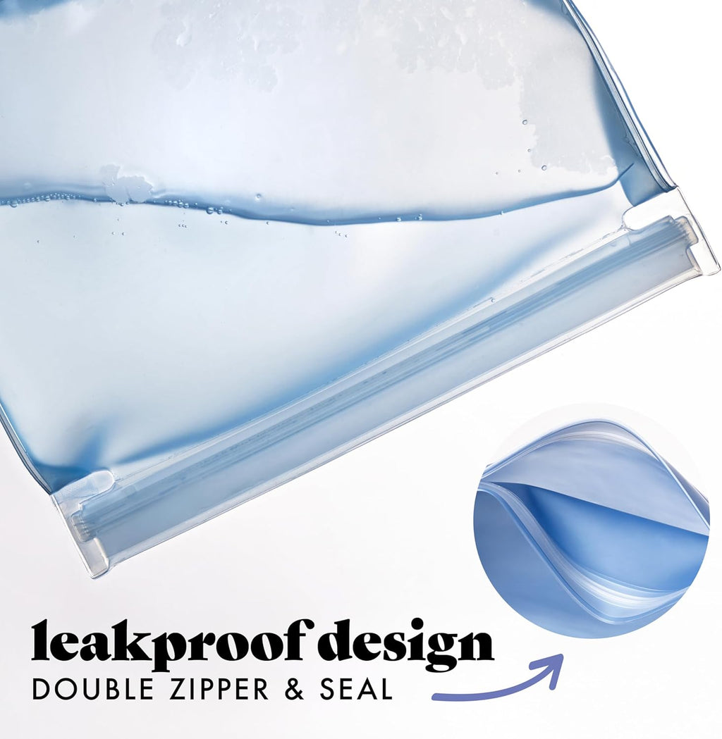 Fit & Fresh Reusable PEVA Storage Bags 3 Pack, Reusable Food Storage Bags, LeakProof, Durable, Sandwich Bags, Freezer Safe, Hand Wash, Easy to Clean, Eco-Friendly, Blue Floral Toile