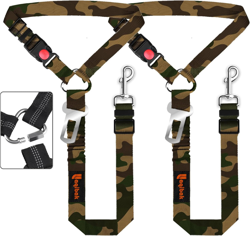 Removable Dog Seat Belt Harness for Car, 3 in 1 Pet Dog Car Seatbelt Leash, Retractable Restraint Secures to Vehicle Headrest & Adjustable Reflective Bungee Dog Seatbelt Tether, Camouflage