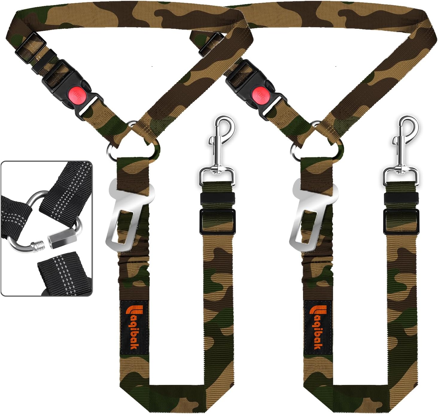 Removable Dog Seat Belt Harness for Car, 3 in 1 Pet Dog Car Seatbelt Leash, Retractable Restraint Secures to Vehicle Headrest & Adjustable Reflective Bungee Dog Seatbelt Tether, Camouflage