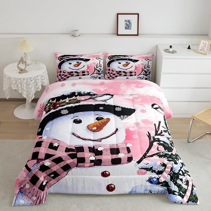 Feelyou Kids Christmas Theme Decorations Bedding Set Xmas Snowman Comforter Set for Boys Girls Snowflake Kawaii Cute Comforter Watercolor Pink Quilt Set Bedroom Collection Toddler Size