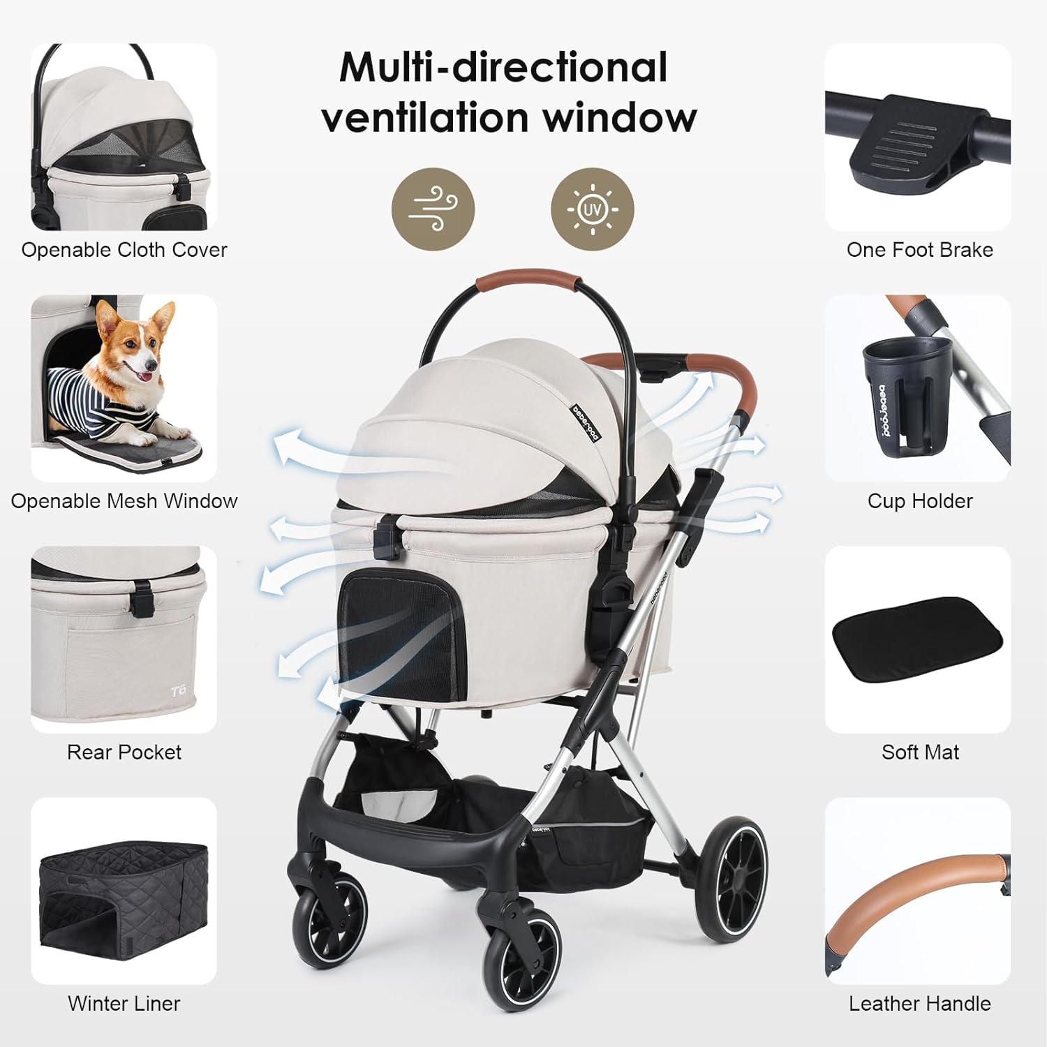 T6 Luxury Pet Stroller for Medium Dogs Up to 66lbs or 2 Small Pets – 3-in-1 Dog & Cat Stroller with Removable Carrier, Foldable & Lightweight (Beige)
