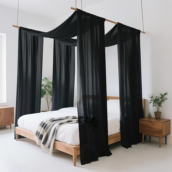 lazyzzz Black Canopy Bed Curtains for Full/Queen Metal/Wood Canopy Bed Frame, Princess Bed Canopy Scarf for Girls-2 Panel Sheer Curtain 39.4" W x 315" L