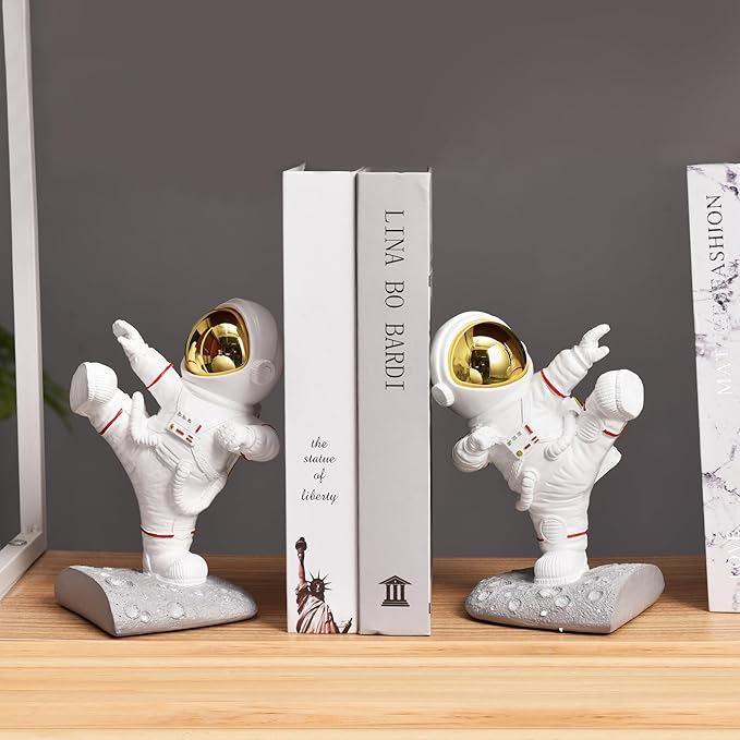 Book Ends for Shelves Decorative, Upgraded Astronaut Bookshelf Stopper Resin Book Shelf End Holders Heavy Duty Bookends for Kids Gifts Cute Spaceman Book Ends for Space Decor(F2-Gold)