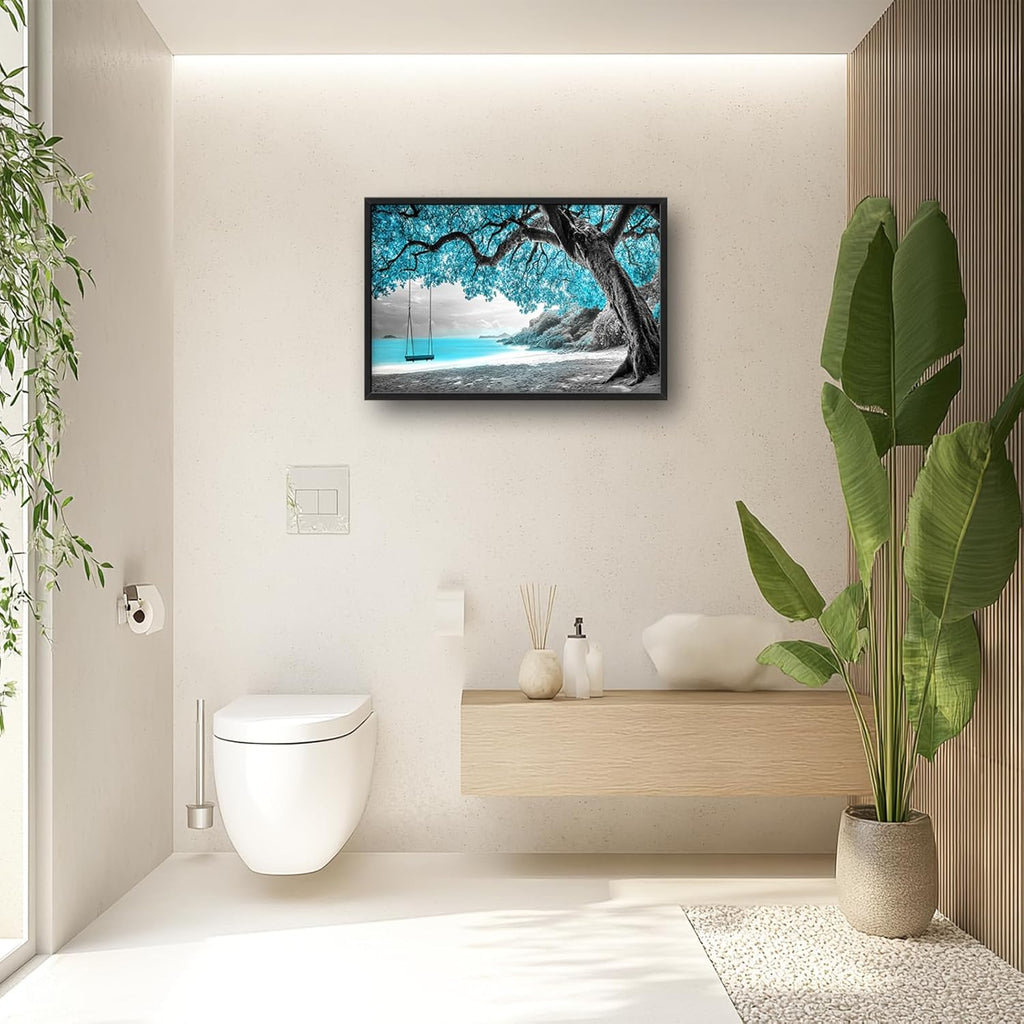 Extra Large Framed Abstract Tree Wall Art,Black and White Tree of Life Wall Decor,Blue Teal Sea Pictures for Living Room,Canvas Print Painting Modern Artwork Bedroom Office Bathroom 36L x 24W