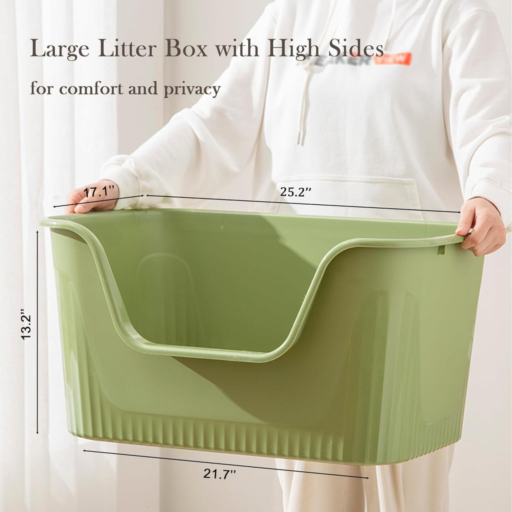 Vealind Extra Large Litter Box with High Sides, XL Litter Boxes for Big Cats, High Sided Litter Pan, Leak-Proof & Anti-Splashing, Easy Clean & Durable (25” * 17” * 13” Green)