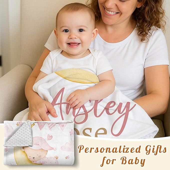 Personalized Baby Blanket for Girls, Custom Name Blanket for Newborn Toddler, Soft Flannel with Double Layer Dotted Backing, Gifts for Baby Shower Christmas Birthday, Pink Moon Bear(30”x40)