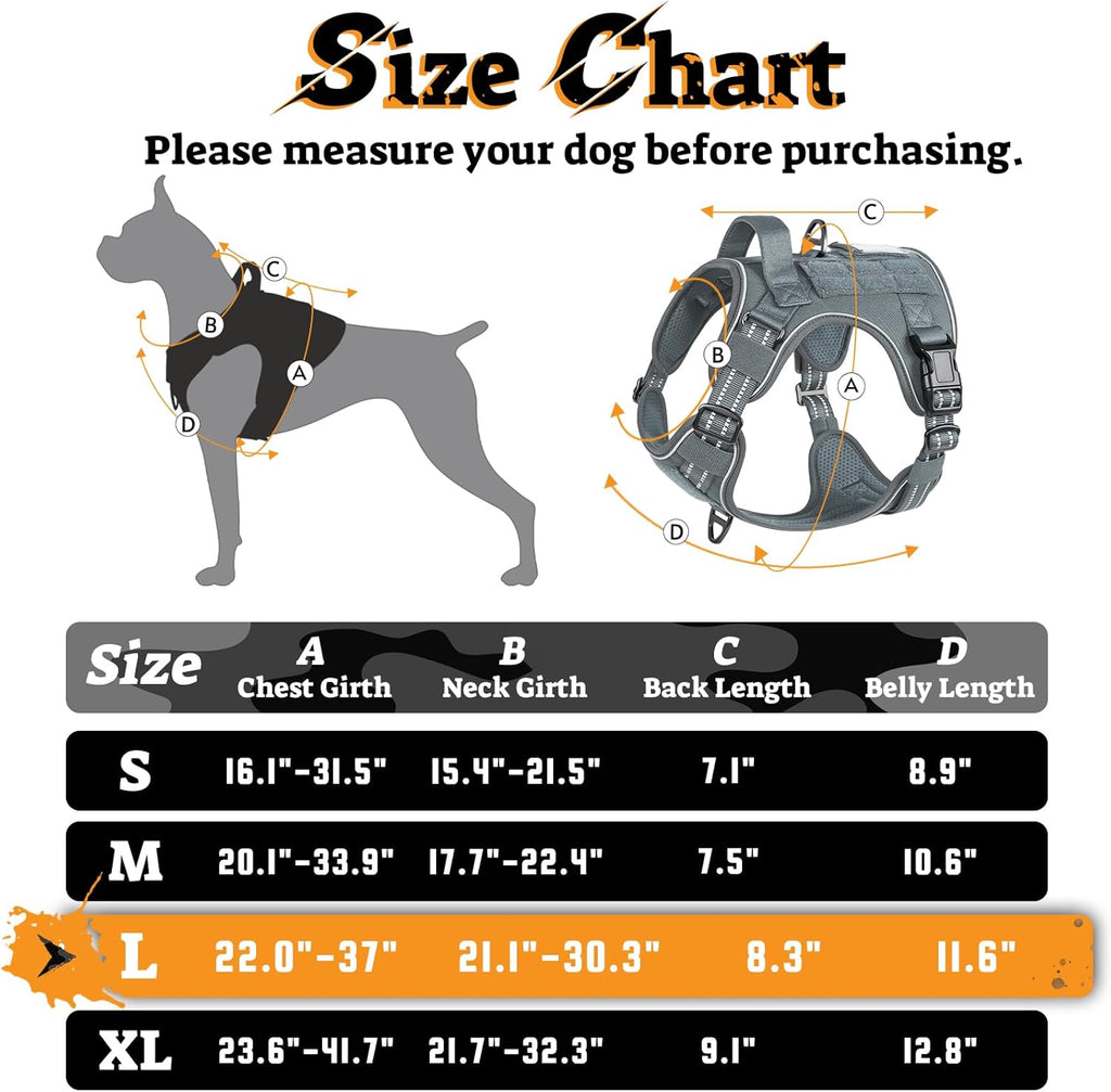 rabbitgoo Dog Harness for Large Dogs No Pull, Tactical Service Pet Vest with Molle and Control Handle, Adjustable and Reflective Military Harness for Easy Walking and Training, Grey, L