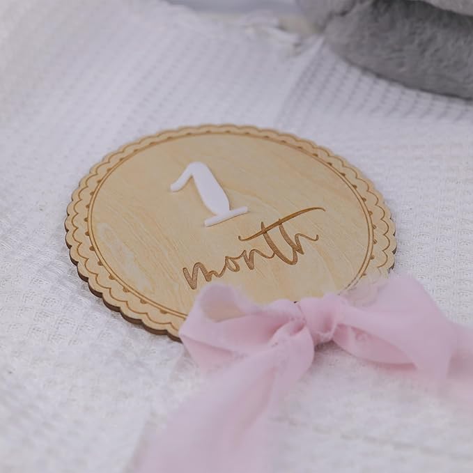Daisy 3D Baby Monthly Milestone, Wooden Baby Milestone Signs, Monthly Milestone Wood Discs, Baby Milestone Discs (Ribbon)