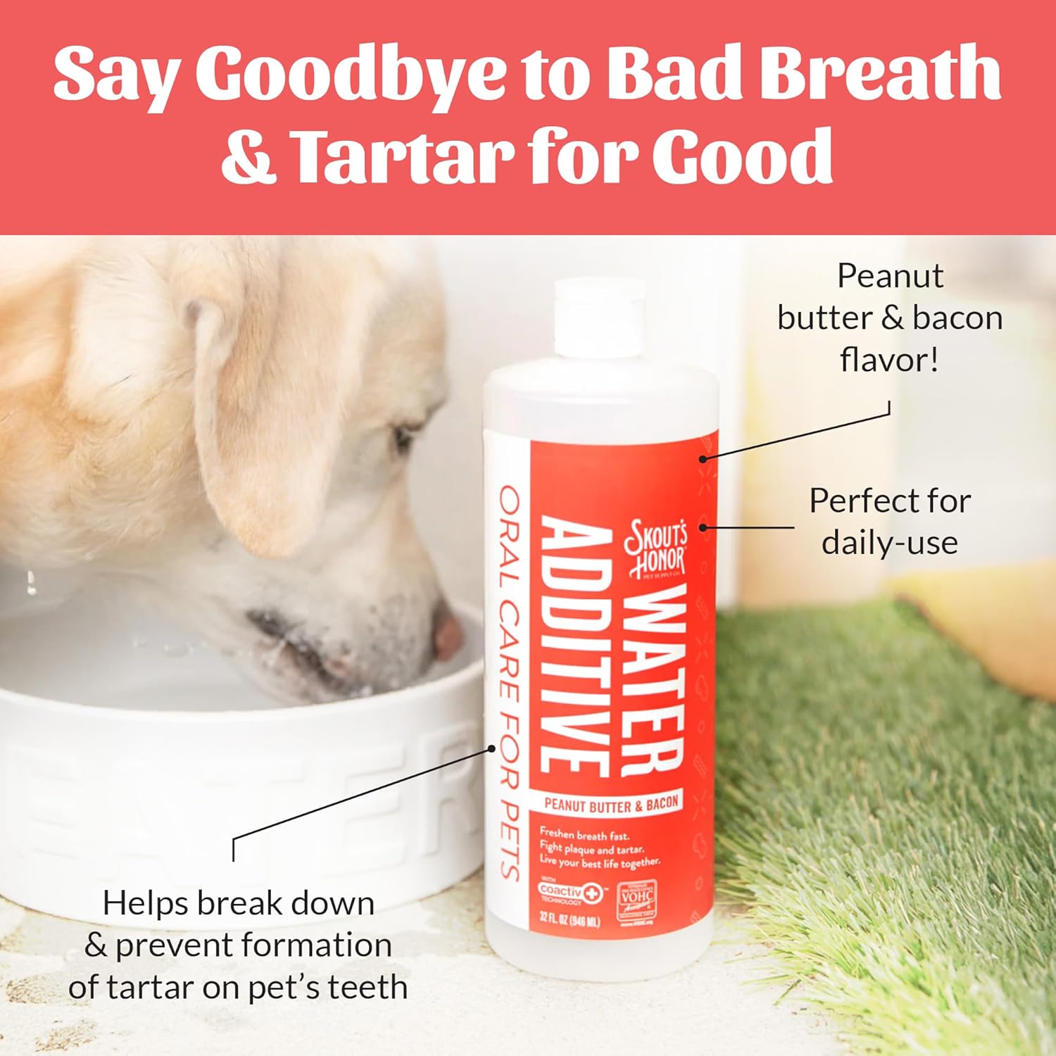 SKOUT'S HONOR Peanut Butter & Bacon Water Additive - VOHC Accepted for Tartar Control, Freshens Breath Fast, No Brushing Required, 32 oz