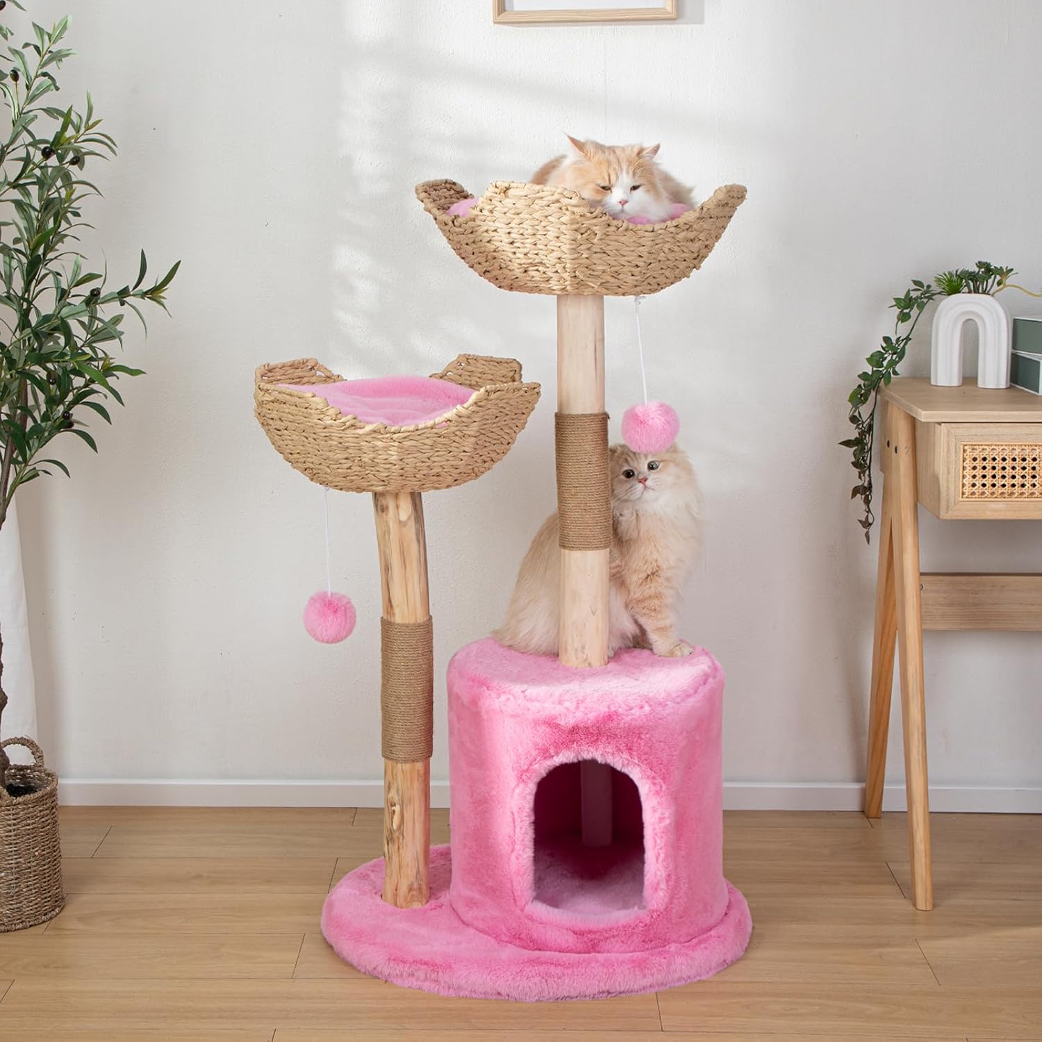 Modern Cat Tree for Indoor Cats, Large Adult 46" Tall, Wooden Cat Tower with Scratching Post, Luxury Cat Condo, Pink