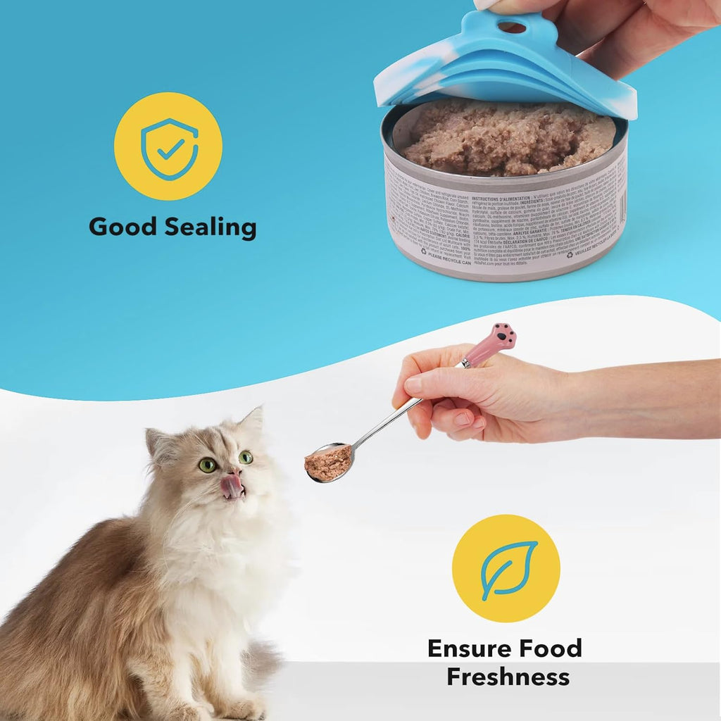 Comtim 5 PCS Pet Food Can Lids & Spoons Set - Silicone Dog Cat Food Can Covers Lids Top/Multi-Function Cat Food Spoon Spatula Can Opener for Wet Food/Long Handle Spoon Easy to Scoop Food