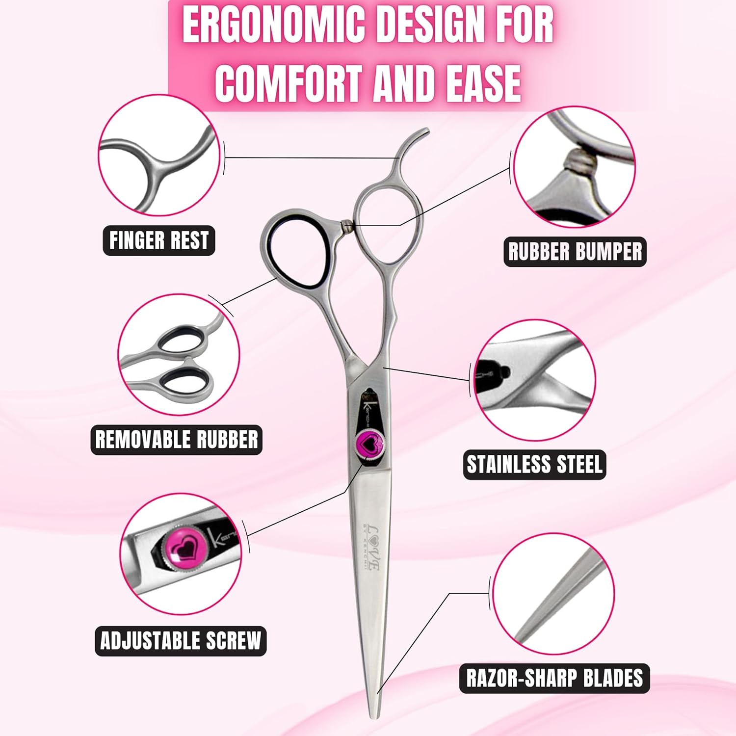 Kenchii Love Left Handed Dog Grooming Scissors, 7 Inch Straight Shears, Dog Scissors for Grooming, Professional Pet Grooming Scissors, Ergonomic & Comfortable