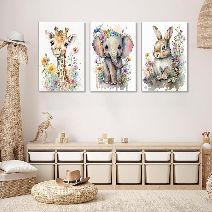 3Pcs Safari Animal Nursery Canvas Wall Art Watercolor Baby Animals with Wildflowers Picture Posters Wall Decor Cute Giraffe Elephant Rabbit Painting Print Artwork for Kids Children Room Decor 16x24in