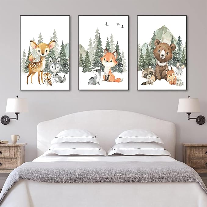 3Pcs Woodland Animal Nursery Canvas Wall Art Forest Adventure Theme Animals Picture Posters Wall Decor Cute Watercolor Deer Bear Fox Painting Print Artwork for Kids Baby Bedroom Decor 16x24in Unframed