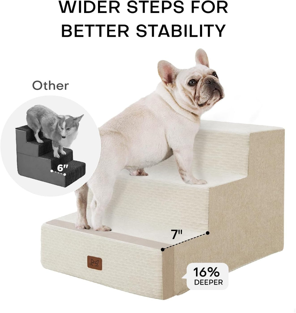 Dog Stairs for Bed, Dog Steps for Bed Couch Sofa, 35D Foam Pet Steps for Small Dogs and Cats, Extra Wide Pet Stairs with Non-Slip Bottom Beige, 3 Steps