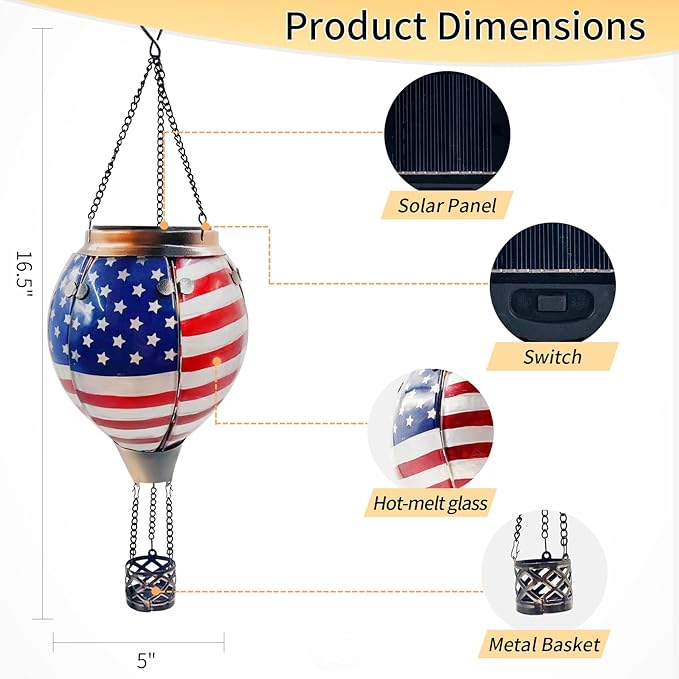 Glass Solar Hot Air Balloon Lantern with Flame Hanging Garden Flickering Light Outdoor Waterproof for Yard Patio Tree 4th of July Decorations, Flag