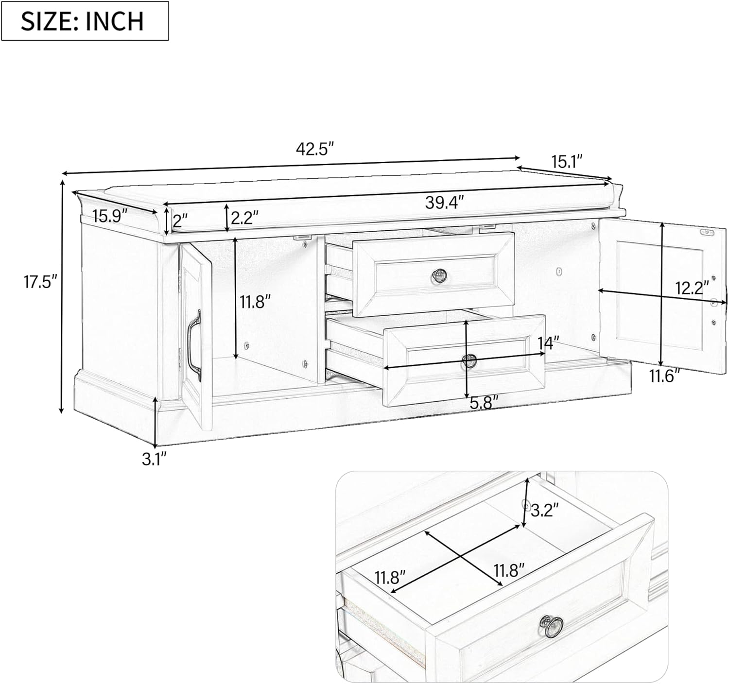 Storage Bench with 2 Drawers and 2 Cabinets, Pine Wood Shoe Bench with Removable Cushion for Living Room, Entryway 42.5" L x 15.9" W x 17.5" H (White)