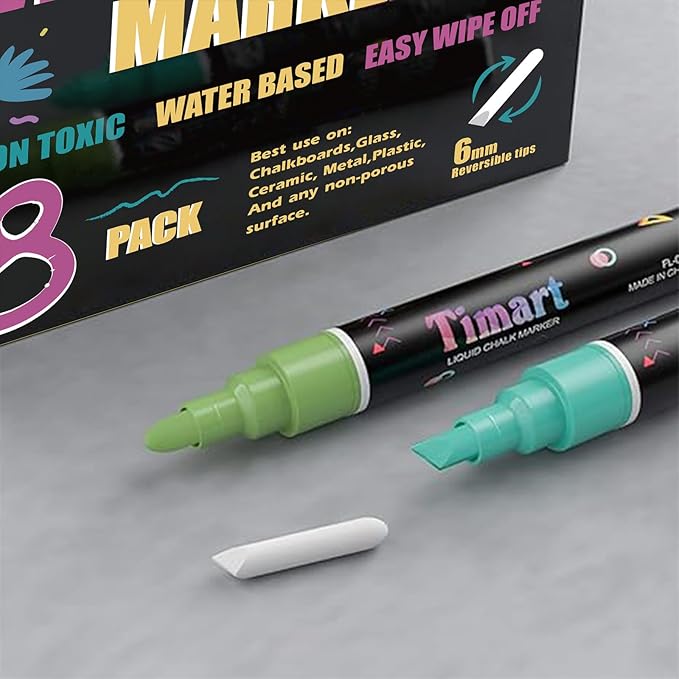 Timart Vintage 8 Pack Liquid Chalk Markers, Bold Wet & Dry Erase Marker Pens for Chalkboards Signs, Blackboards, Windows, Glass- 6mm Reversible Tip, with Chalkboard Labels