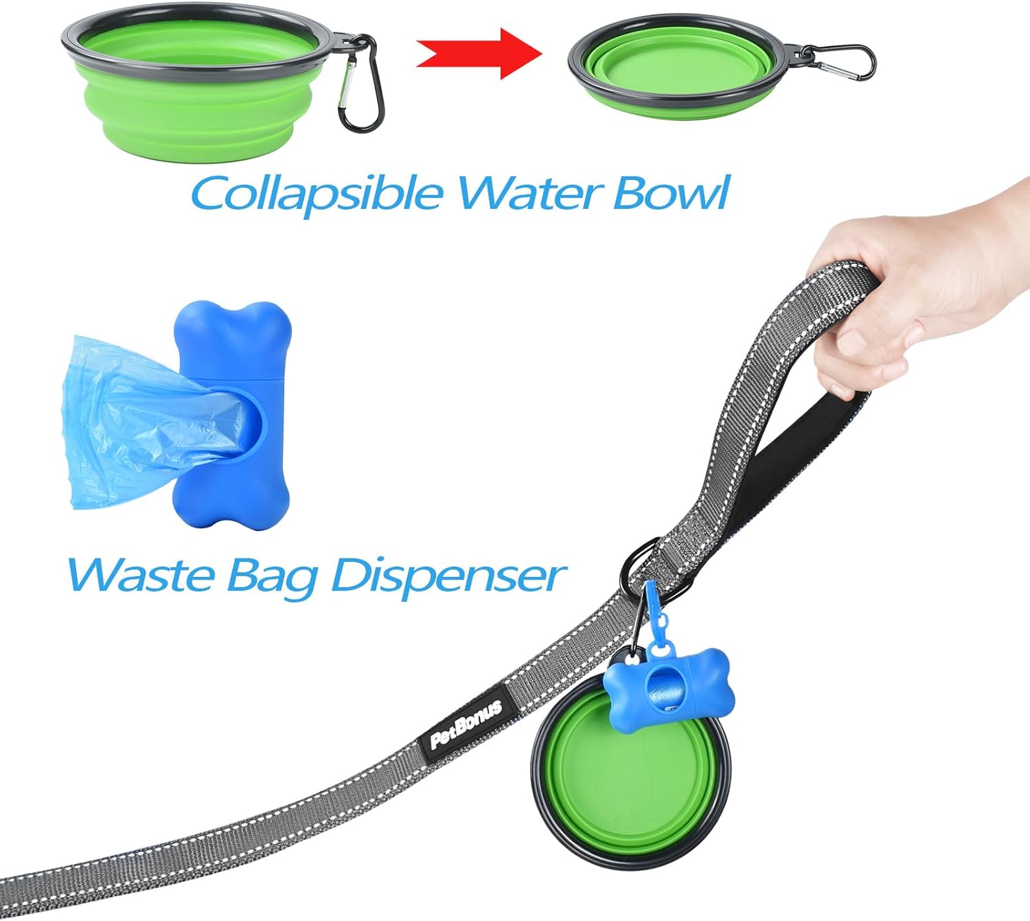 PetBonus Double Dog Leash, No Tangle Dual Leash, Reflective Walking Training Lead, 4 Comfortable Padded Handles for 2 Dogs with Collapsible Bowl and Waste Bags (Grey, Large)