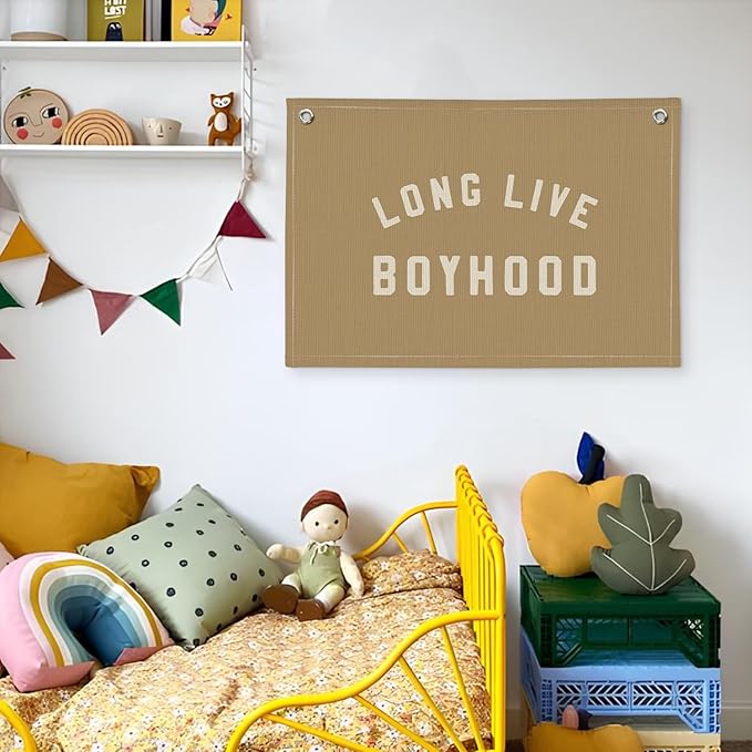 Long Live Boyhood Boys Room Decor - Linen Banner Wall Hanging Canvas Banner Flag Decor for Toddler Boy Room Nursery Playroom - Beige