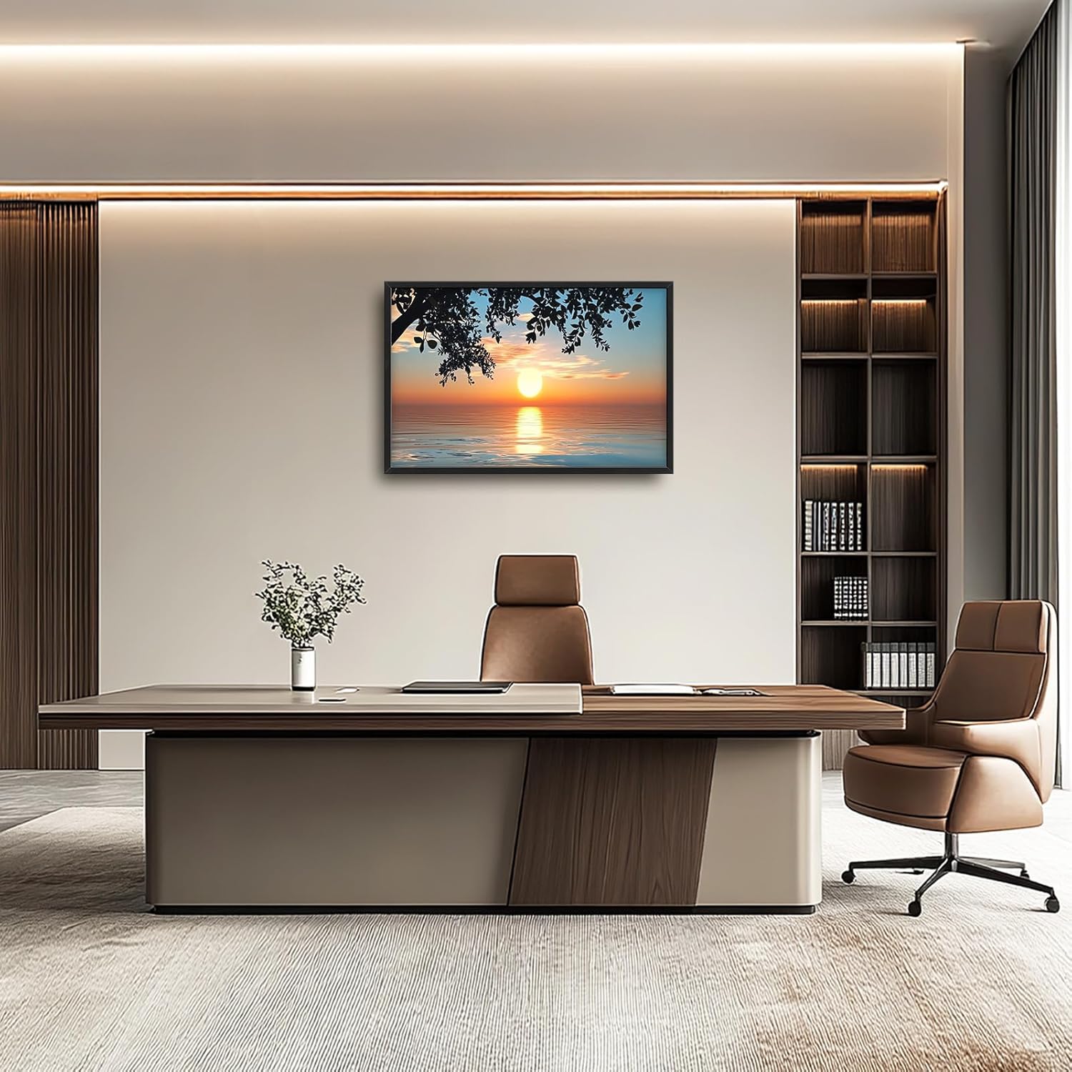 Framed Large Lake Sunset Wall Art, Oversized Natural Landscape Wall Decor for Living Room, Tree Leaves Canvas Painting Pictures Home Decoration for Living Room Bedroom Office 36"x24"