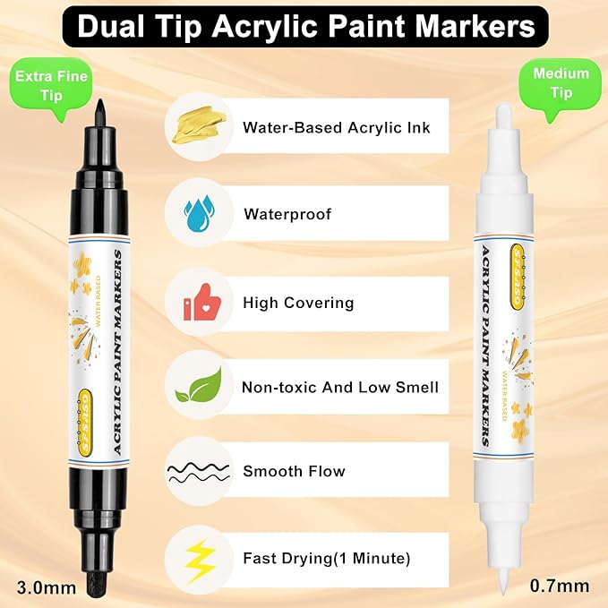 Acrylic Paint Marker Pens - 4 Pack Dual Tip Permanent Markers (0.7mm & 3mm) Water-Based Ink Pens for Rock Painting, Canvas, Ceramic, Glass, Wood, Plastic, DIY Crafts (2 Black/ 2 White)