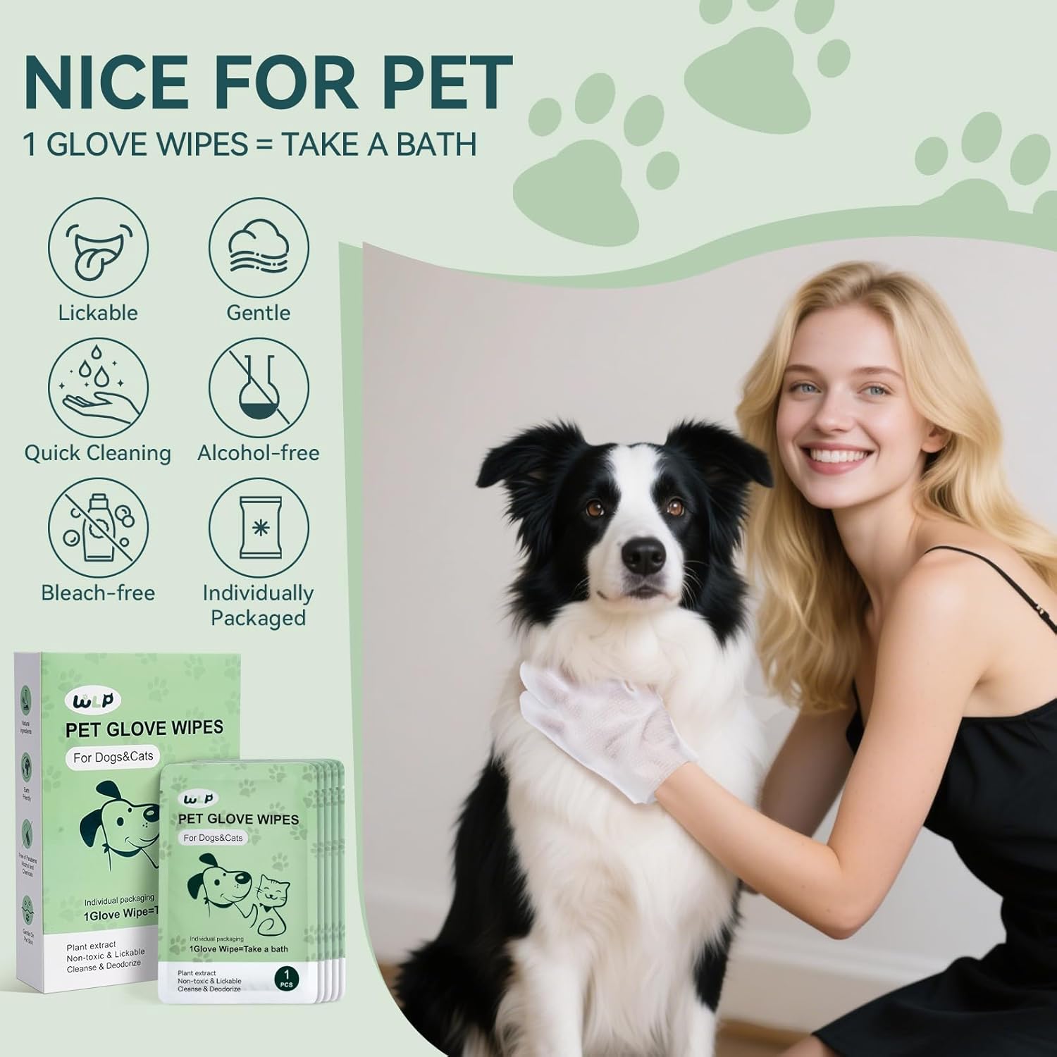 WLP Pet Glove Wipes for Dogs & Cats, Cleaning Deodorizing Hypoallergenic Hydrating Grooming Wipes, Individually Wrapped, Enriched with Aloe & Jojoba Oil for Daily Care, Traveling (6 PCS)