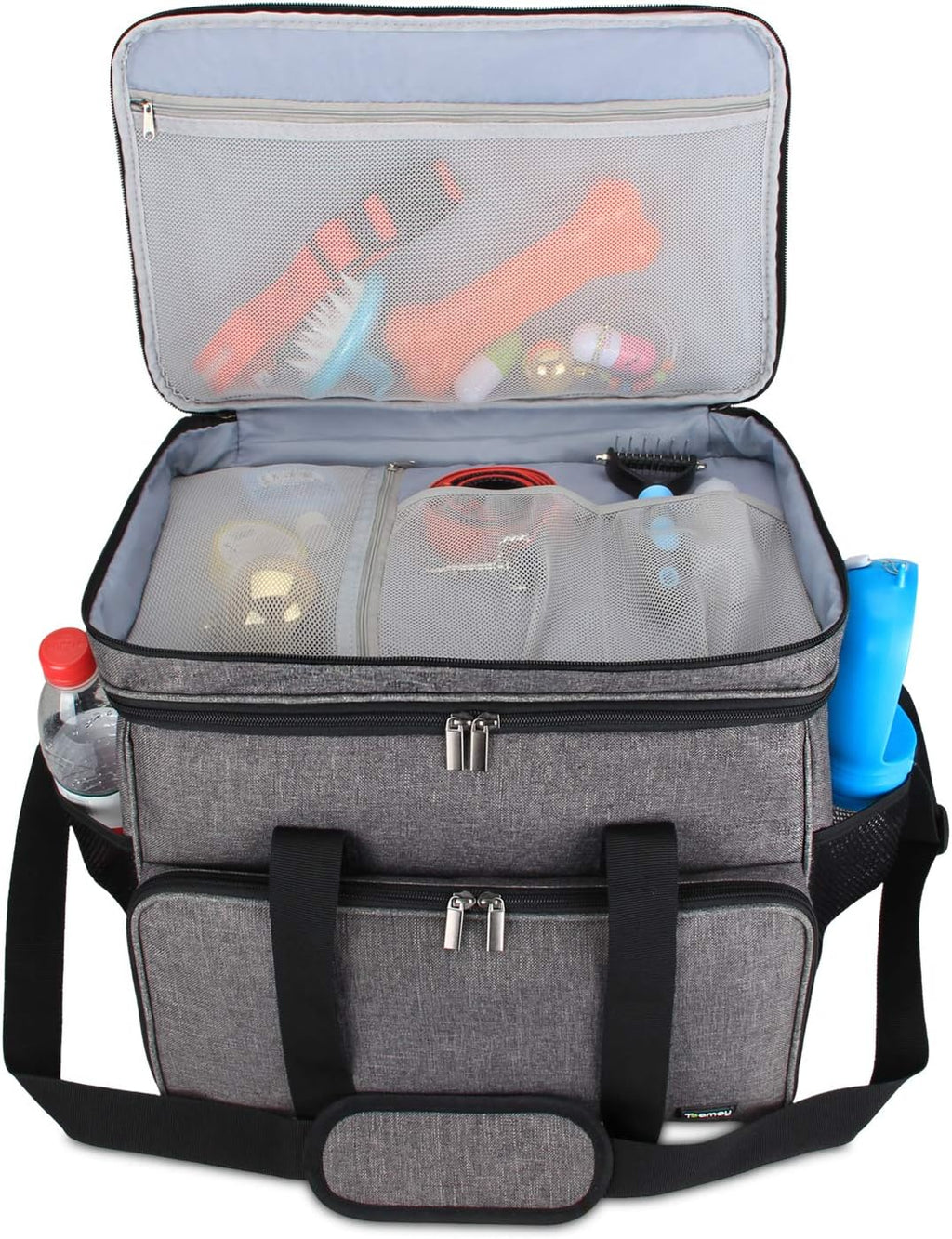 Teamoy Double Layer Dog Travel Bag, Dog Bag for Supplies with 2 Silicone Collapsible Bowls, 2 Food Carriers, 1 Water-Resistant Placemat, Pet Supplies Weekend Tote Organizer (Large, Gray)