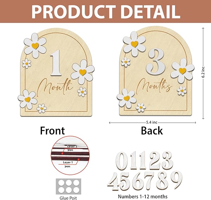 Baby Monthly Milestone Cards - Wooden Monthly Milestone Discs - Newborn Photography Props to Document Your Baby´s Growth - Baby Announcement Sign (B05)
