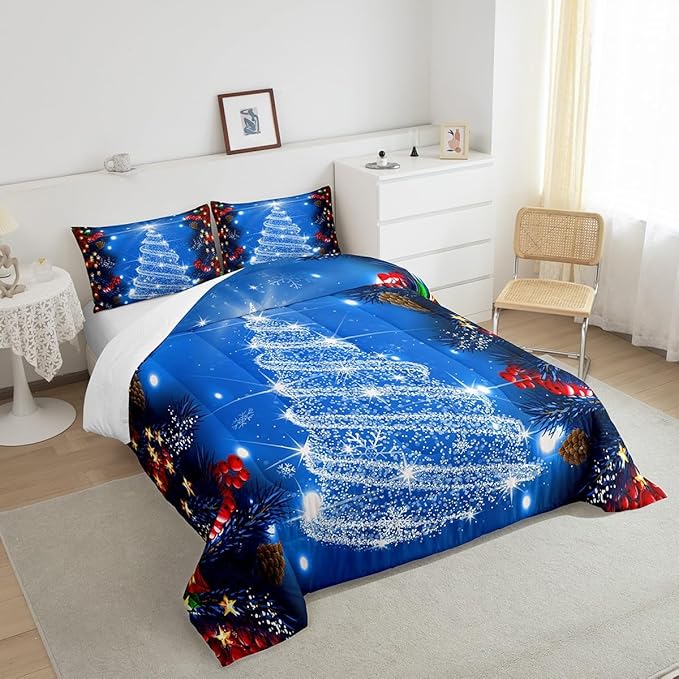 Feelyou Kids Merry Christmas Decorations Comforter Set, Kids Santa Tree Bedding Set Full Size for Boys Girls Teens Xmas Christmas Bell Decor Comforter Glitter Blue Quilt Set