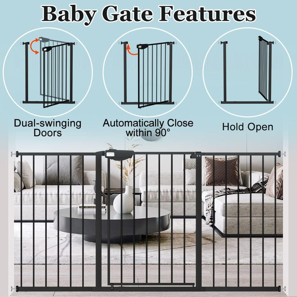 WAOWAO Triple Lock Baby Gate Extra Wide 81.49-86.22" Pressure Mounted Walk Through Swing Auto Close Safety Black Metal Dog Pet Puppy for Stairs,Doorways