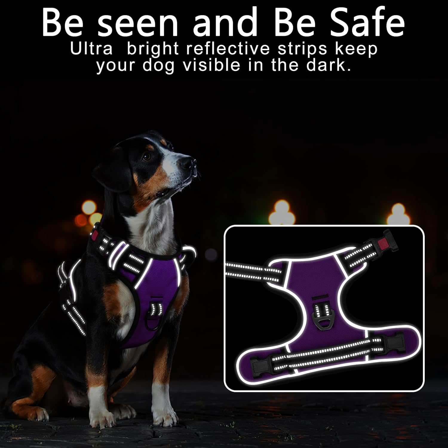 Timos Dog Harness Medium Sized, No Pull with Neck Lockable Snap,No Choke Front Clip Dog Reflective Harness,Adjustable Metal Rings 3 Buckles,Easy Control Handle for Medium Dogs Purple M