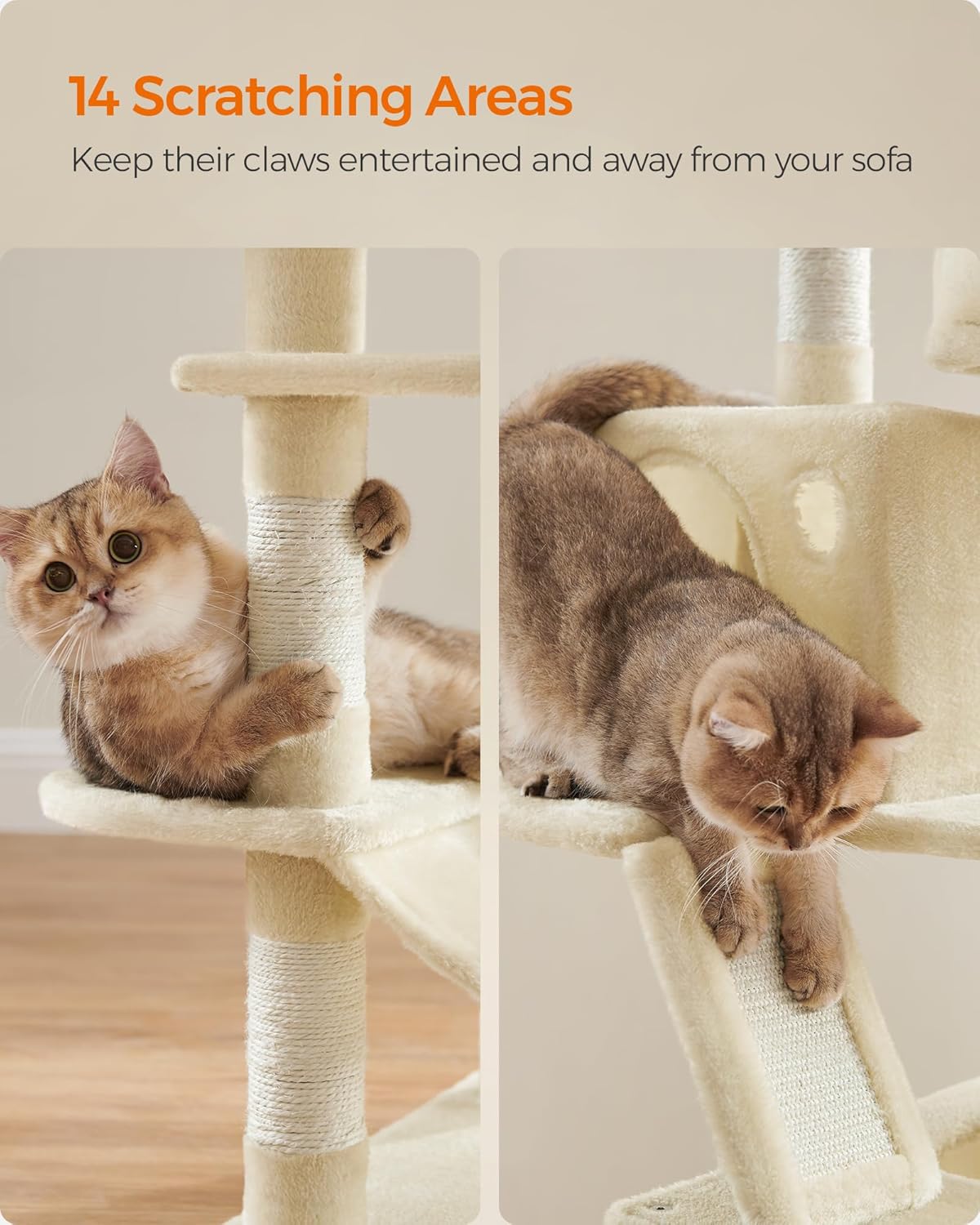 Feandrea Cat Tree, 66.1-Inch Large Cat Tower with 13 Scratching Posts, 2 Perches, 2 Caves, Basket, Hammock, Pompoms, Multi-Level Plush Cat Condo for Indoor Cats, Beige UPCT165M01
