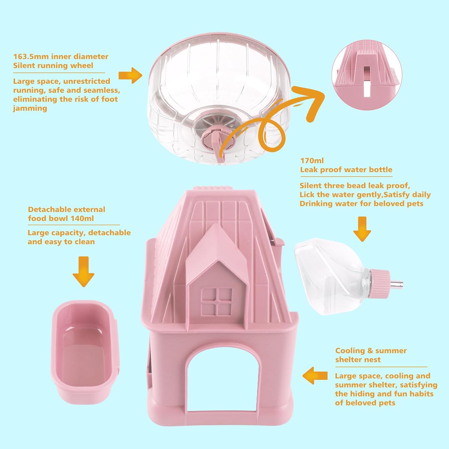 4 in 1 Silent Large Hamster Wheel Multifunctional Hamster Running Wheel Quite Running Spinner Wheel Accessories with Food Bowl Water Bottle for Hamsters Dwarf Gerbil (Pink)