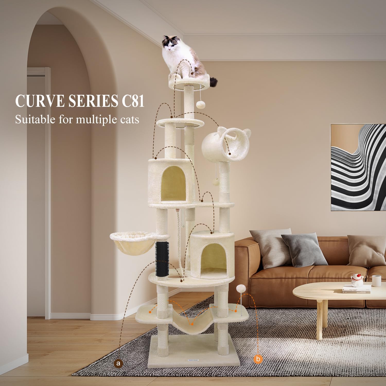 Globlazer Artistic Curved Cat Tower for Small Cats (Under 12 lbs), 81-inch Slim Design Cat Tree with Space-Saving Design, Indoor Cat Condo with Hammock & Tunnel, C81, Beige, Non-Large Cats