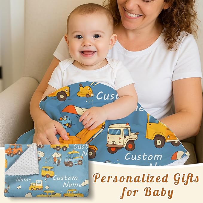 Custom Baby Blanket - Cartoon Cars Design Personalized Name Blanket, Soft Flannel Dot Infant Toddler Blanket for Boys, Customizable Nursery Bedding (60" x80)
