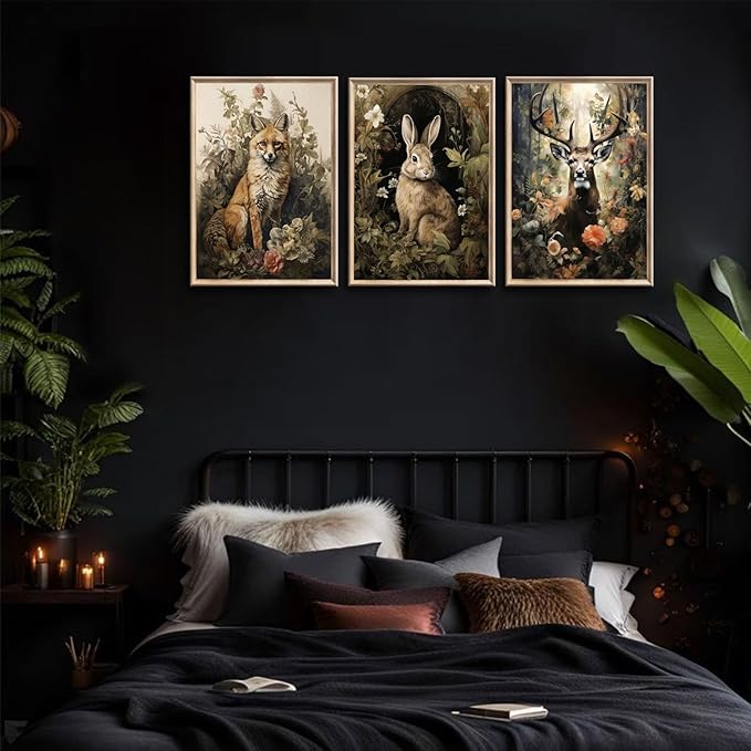 3pcs Vintage Forest Animal Canvas Wall Art Wild Animal Deer Rabbit Fox Paintings Pictures Dark Academia Wall Decor Gothic Botanical Posters Print Artwork for Living Room Office Decor 16x24in Unframed