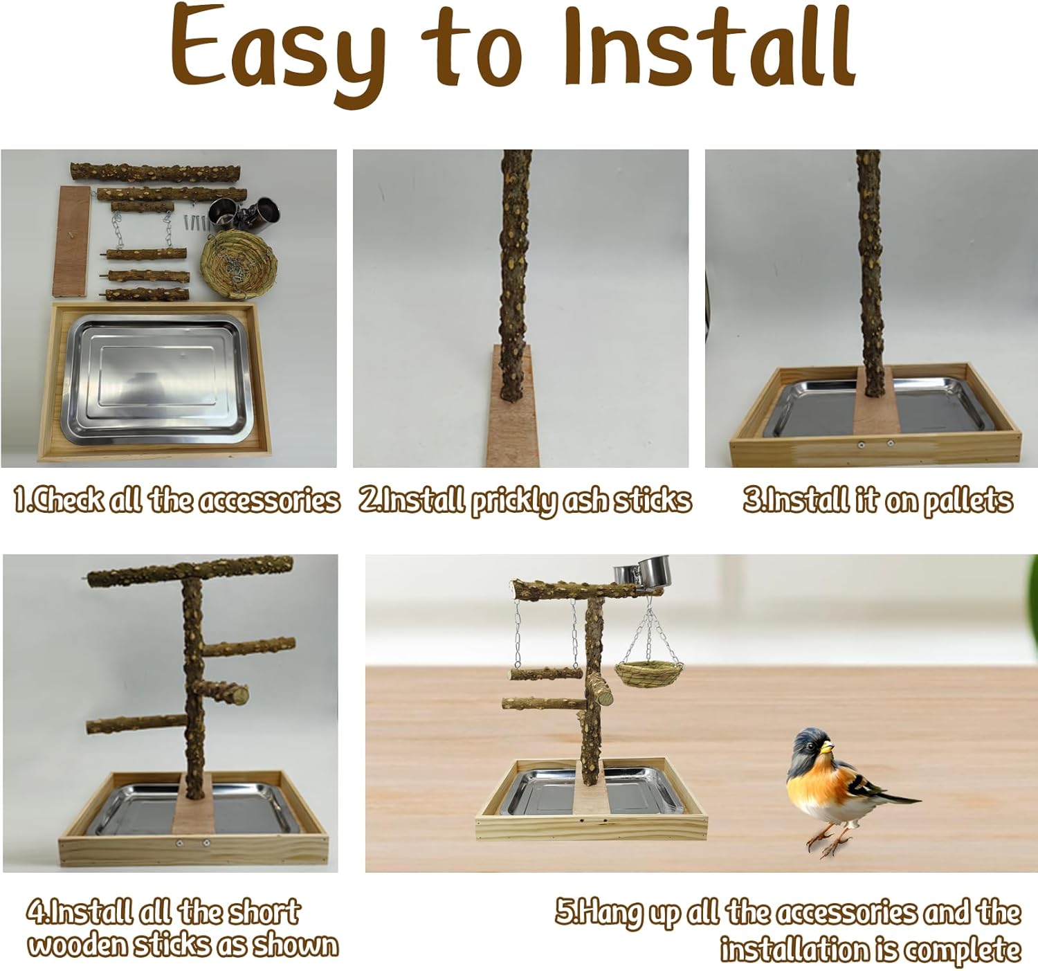 Tfwadmx Bird Perch Natural Wood Stand Toy Parrot Play Stand Platform and Hanging Bird Nests Bird Cage with Removable Tray and 2 Stainless Steel Cups for Parakeets Canaries Cockatiels Conure Lovebirds