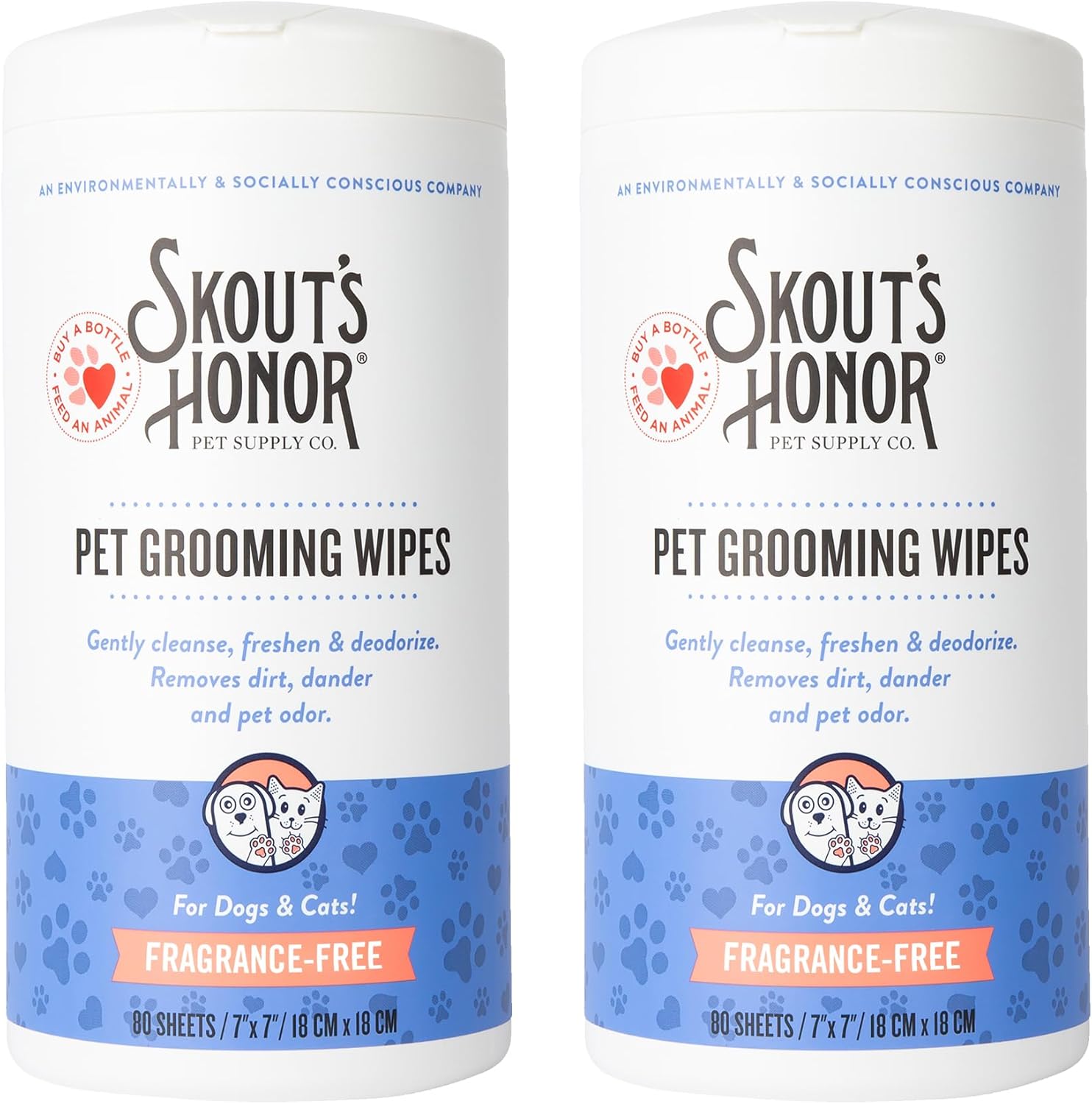 SKOUT'S HONOR Pet Grooming Wipes for Dogs and Cats - Deodorizing, Plant-Based, Biodegradable, Fragrance-Free - for Paws, Faces, Skin Folds & Bums, 80 Count, 2-Pack