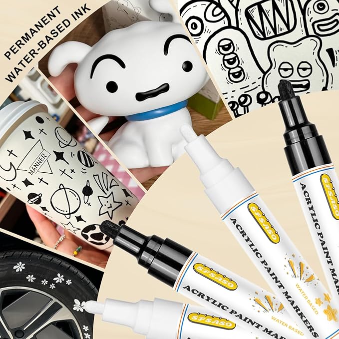 Acrylic Paint Marker Pens - 4 Pack Dual Tip Permanent Markers (0.7mm & 3mm) Water-Based Ink Pens for Rock Painting, Canvas, Ceramic, Glass, Wood, Plastic, DIY Crafts (2 Black/ 2 White)