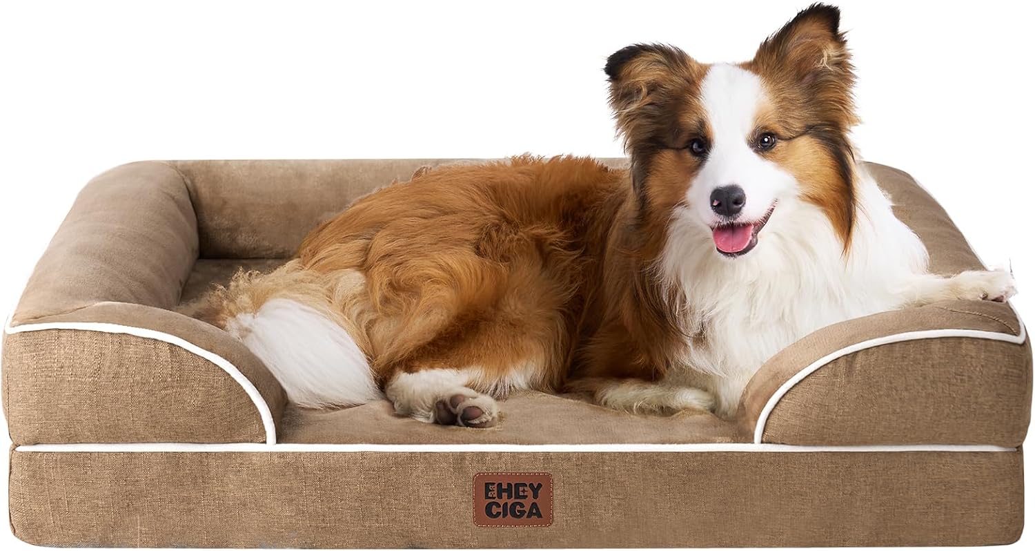 EHEYCIGA Orthopedic Dog Beds for Large Dogs, Waterproof Memory Foam Large Dog Bed with Sides, Non-Slip Bottom and Egg-Crate Foam Pet Couch Bed with Washable Removable Cover, Camel