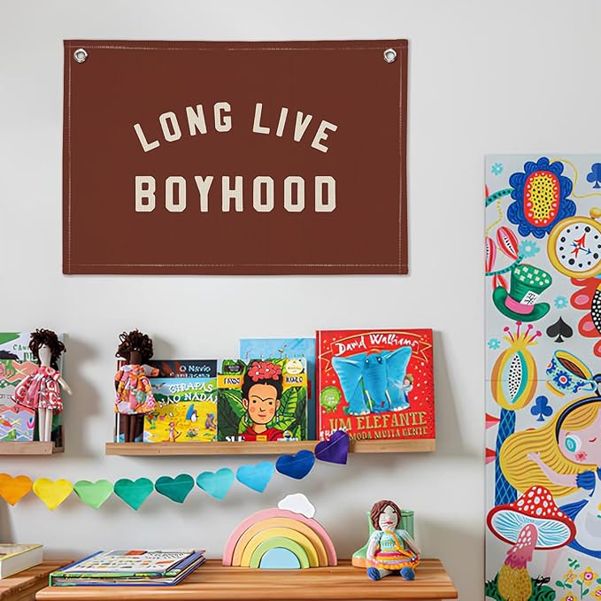 Long Live Boyhood Boys Room Decor - Linen Banner Wall Hanging Canvas Banner Flag Decor for Toddler Boy Room Nursery Playroom - Dull Red