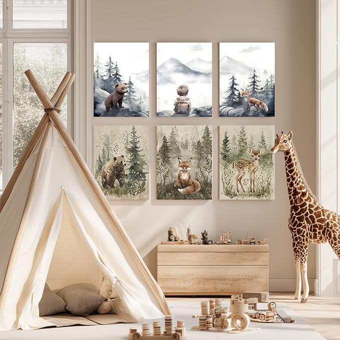 kilamino Neutral Woodland Wild Animal Wall Art, Cute Bear Fox Nursery Wall Decor, Adventure Boy Poster Prints, Vintage Forest Animal Canvas Paintings for Baby Room Classroom Playroom Framed 16"x24"x3