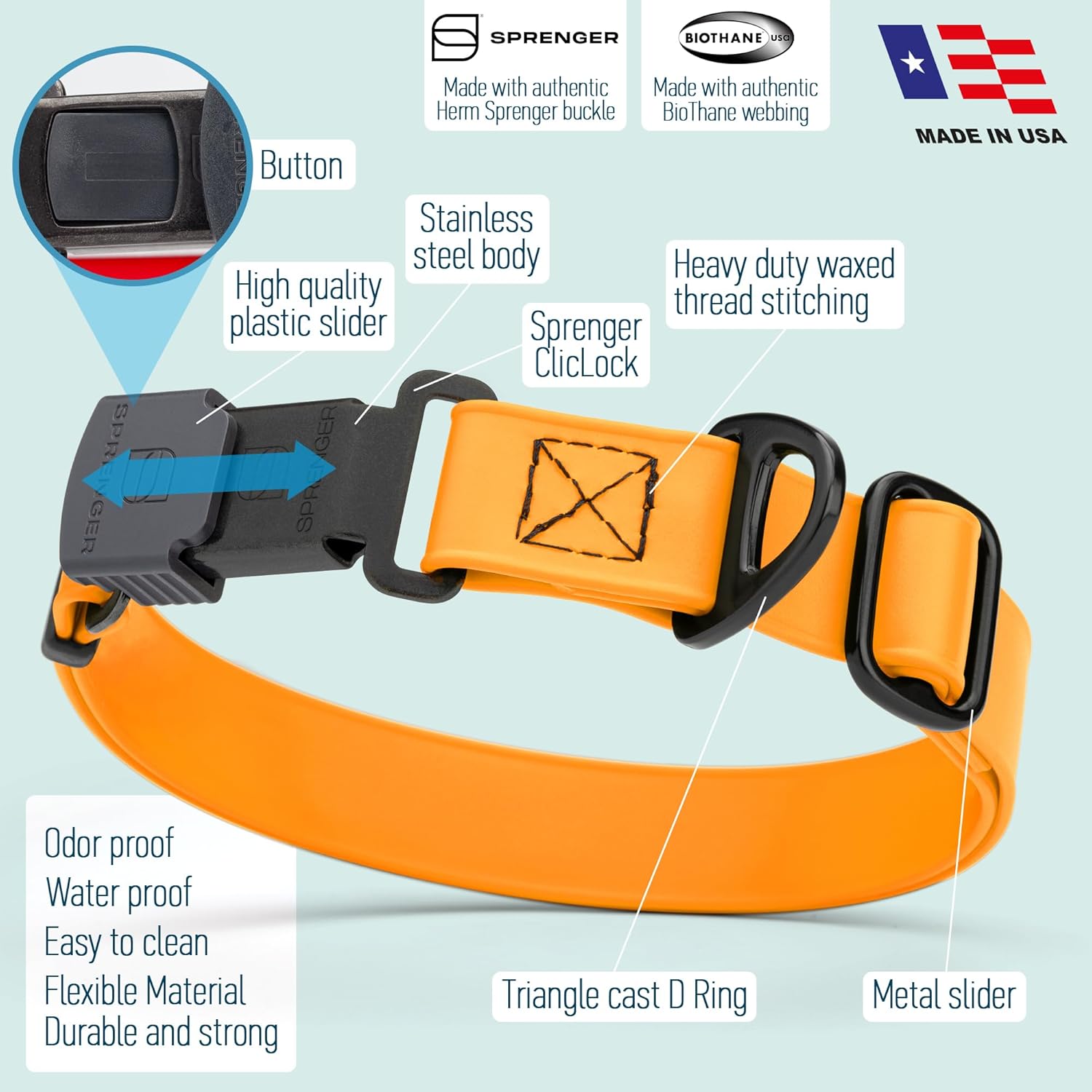 Dogline Biothane Waterproof Dog Collar with Herm Sprenger Stainless Steel Quick Release Buckle – Heavy Duty Tactical Durable Collar for Dogs – Comfortable and Safe Pet Collar, W 1" L 15-25", Tangerine