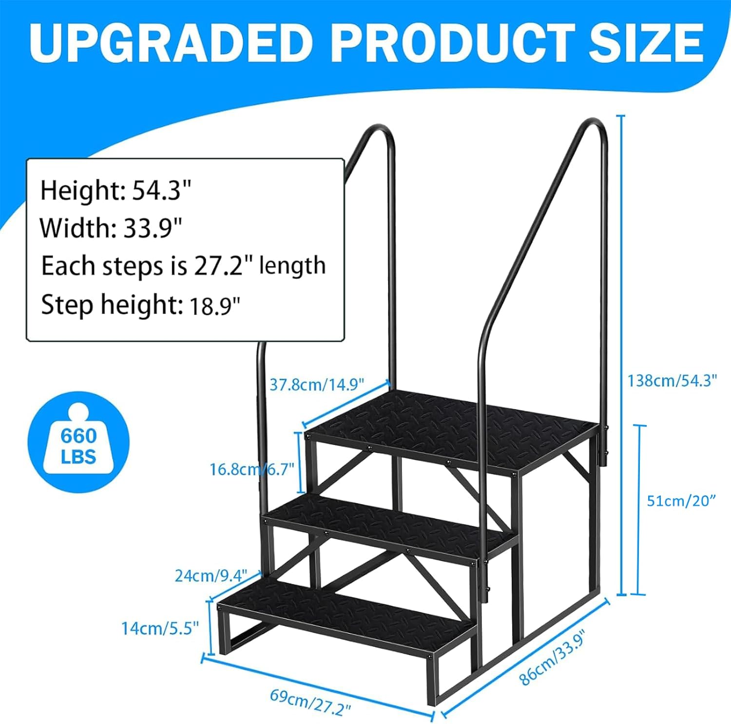 RV Step 3 Step Ladder, Upgrade RV Step with Handrails, Heavy Duty RV Stairs with Anti-Slip Pedal Hot Tub Steps, Removable Camper Step for Spa/Porch/Pet/Mobile Home（2 Handrails