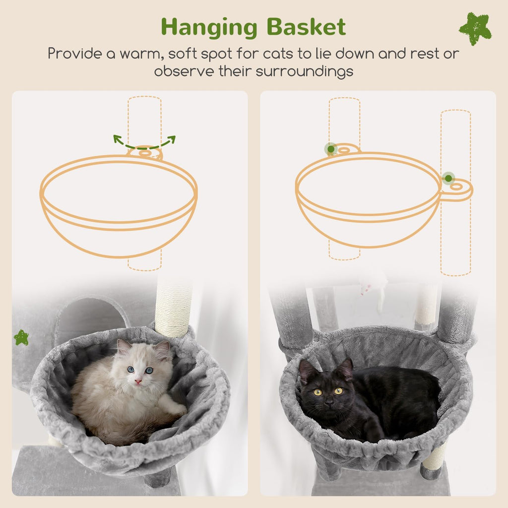 Globlazer Tall Cat Tower, 76 inch Multiple Level Cat Climbers for Indoor Cats, XL Cat Tree with 5 Scratching Posts, 2 Cat Condos, Hammock, 2 Hanging Baskets, F76B, Light Grey