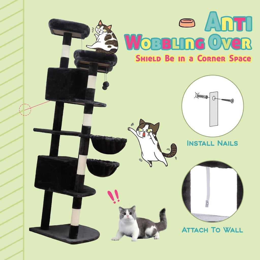SHA CERLIN 73in Fan-Shaped Corner Cat Tower for Save Space/Multi-Level Tall Cat Tree for Indoor Kitties/Condo with Baskets/Cozy Perches/Sisal Scratching Posts/Pet Activity House/Dark Grey